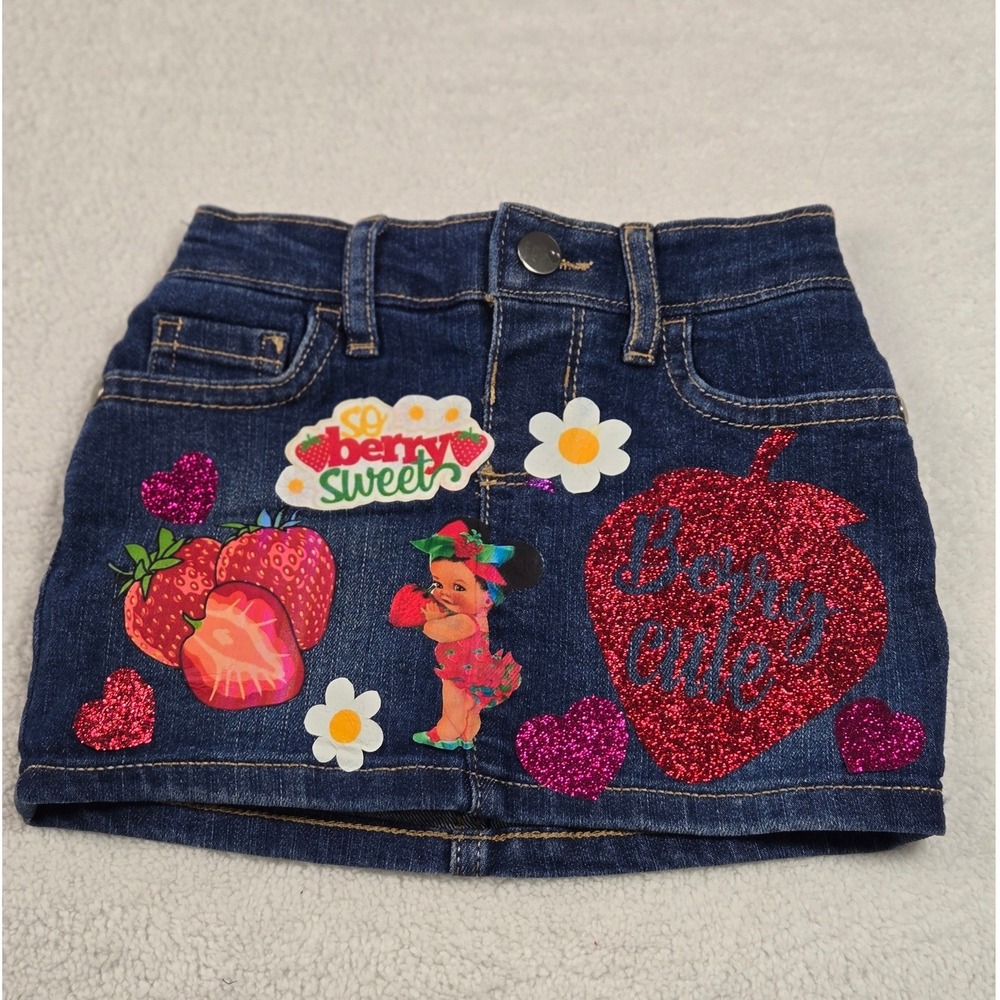 Girls‎ 9-12M Denim Skort Strawberry Berry Sweet Glitter Blue Skirt